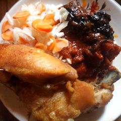 A picture of Rice, Stew with chicken and Cabbage.