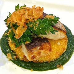 A picture of “Fish and chips” - Mulloway with a Pallete d’All Doux and Garlic Chips.