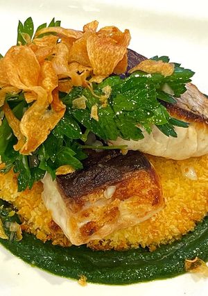 A picture of “Fish and chips” - Mulloway with a Pallete d’All Doux and Garlic Chips.