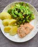 Cá hồi,khoai lang hấp+khổ qua xào trứng(eatclean)