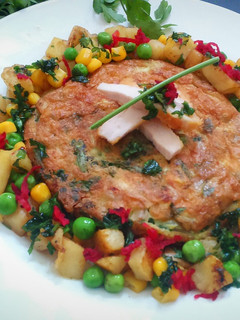 A picture of Omelette with spinach and chicken.