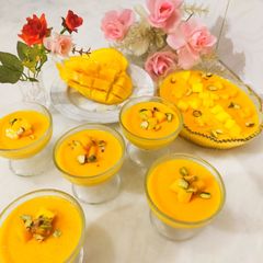 A picture of Eggless Mango pudding without gelatin.