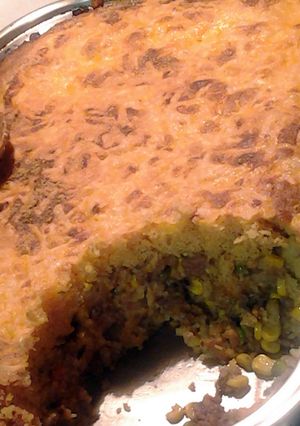 A picture of cheesy cornbread beef pot pie.