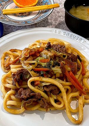 A picture of Beef Stamina Yaki Udon with Sukiyaki Sauce.