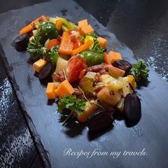 A picture of WARM SALAD OF PANCETTA, SWEET POTATOES AND SPROUTS.