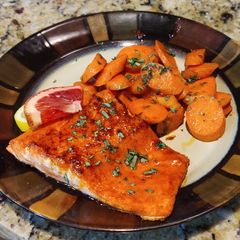 A picture of Salmon with Blood Orange-Honey-Habanero glaze.