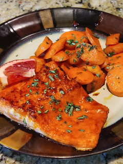 A picture of Salmon with Blood Orange-Honey-Habanero glaze.