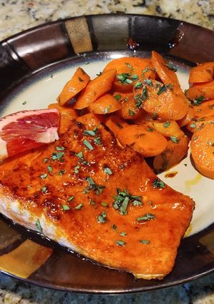 A picture of Salmon with Blood Orange-Honey-Habanero glaze.