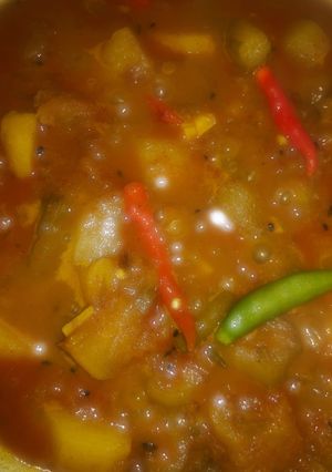 A picture of Aaloo parwal pumpkin curry.