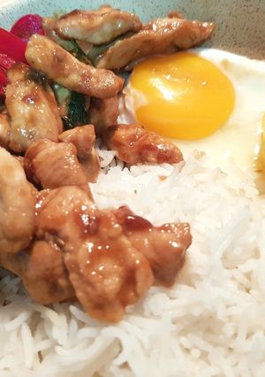 A picture of Basil Chicken with Rice.
