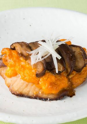 A picture of Oven-baked Japanese Yellowtail with Shiitake Mushrooms.