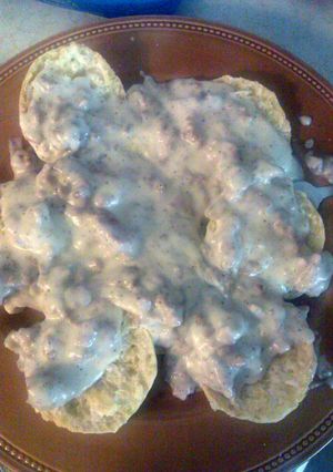 A picture of my breakfast pork sausage gravy.