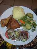 Mashed potatoes, fried chicken and greens