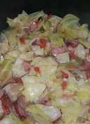 Boiled cabbage and beef sausage