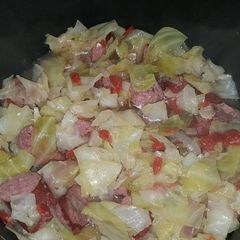 Boiled cabbage and beef sausage A picture of Boiled cabbage and beef sausage.