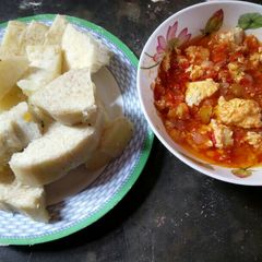 A picture of Five recipe food.boiled yam egg sauce.