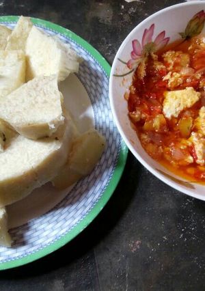 A picture of Five recipe food.boiled yam egg sauce.