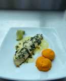 Pescado plano en cocción unilateral, flan de zanahoria con salsa de hierbas 🌿