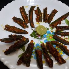 Bharli bhindi (stuffed bhindi or okra) A picture of Bharli bhindi (stuffed bhindi or okra).