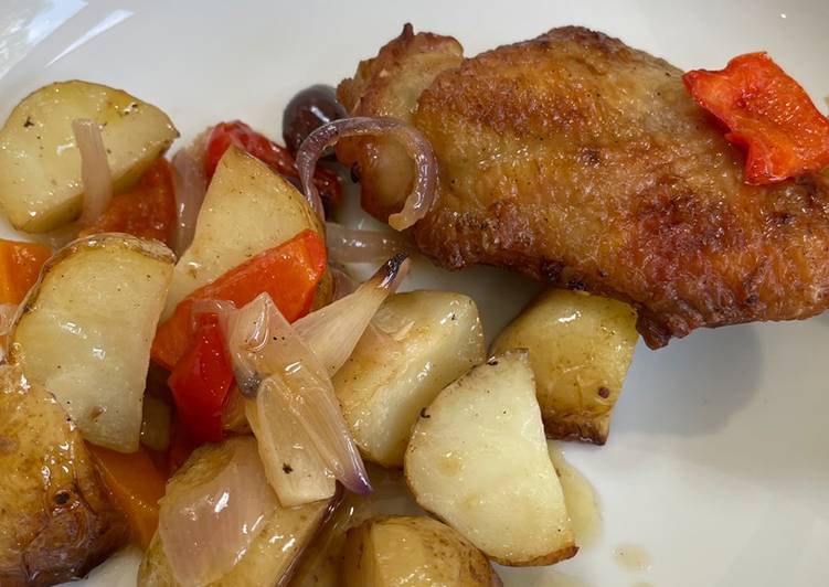 Chicken thighs with roasted veg and new potatoes