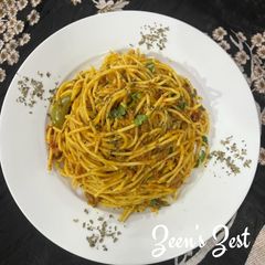 A picture of Shimla Mirch Kheema Spaghetti.