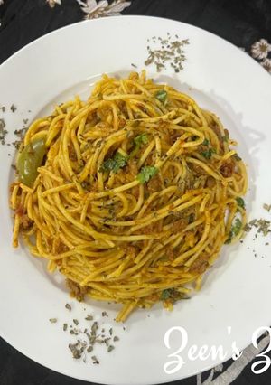A picture of Shimla Mirch Kheema Spaghetti.
