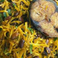 A picture of Abacha and black bean.