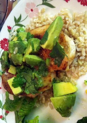 A picture of Seared Chicken With Avocado Topping.
