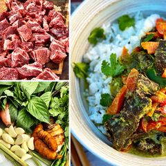A picture of Wagyu Beef Cheek Thai Green Curry with Rice.