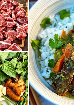 A picture of Wagyu Beef Cheek Thai Green Curry with Rice.