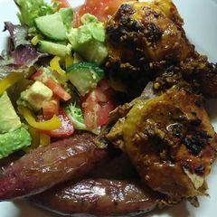 A picture of Grilled sweet potato with roasted chicken.