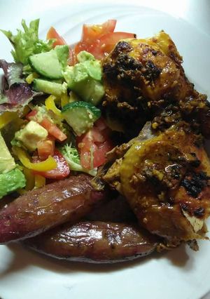 A picture of Grilled sweet potato with roasted chicken.