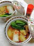 Easy Ozoni with Komatsuna and Fried Tofu in Noodle Soup Broth
