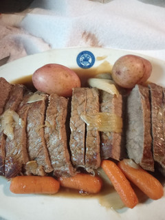 A picture of Boiled London Broil Dinner with Buttered Beef Rice.