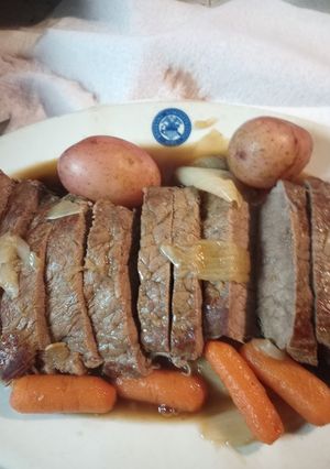 A picture of Boiled London Broil Dinner with Buttered Beef Rice.