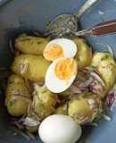 Salade de pommes de terre, oeufs, mayonnaise blanche et herbes