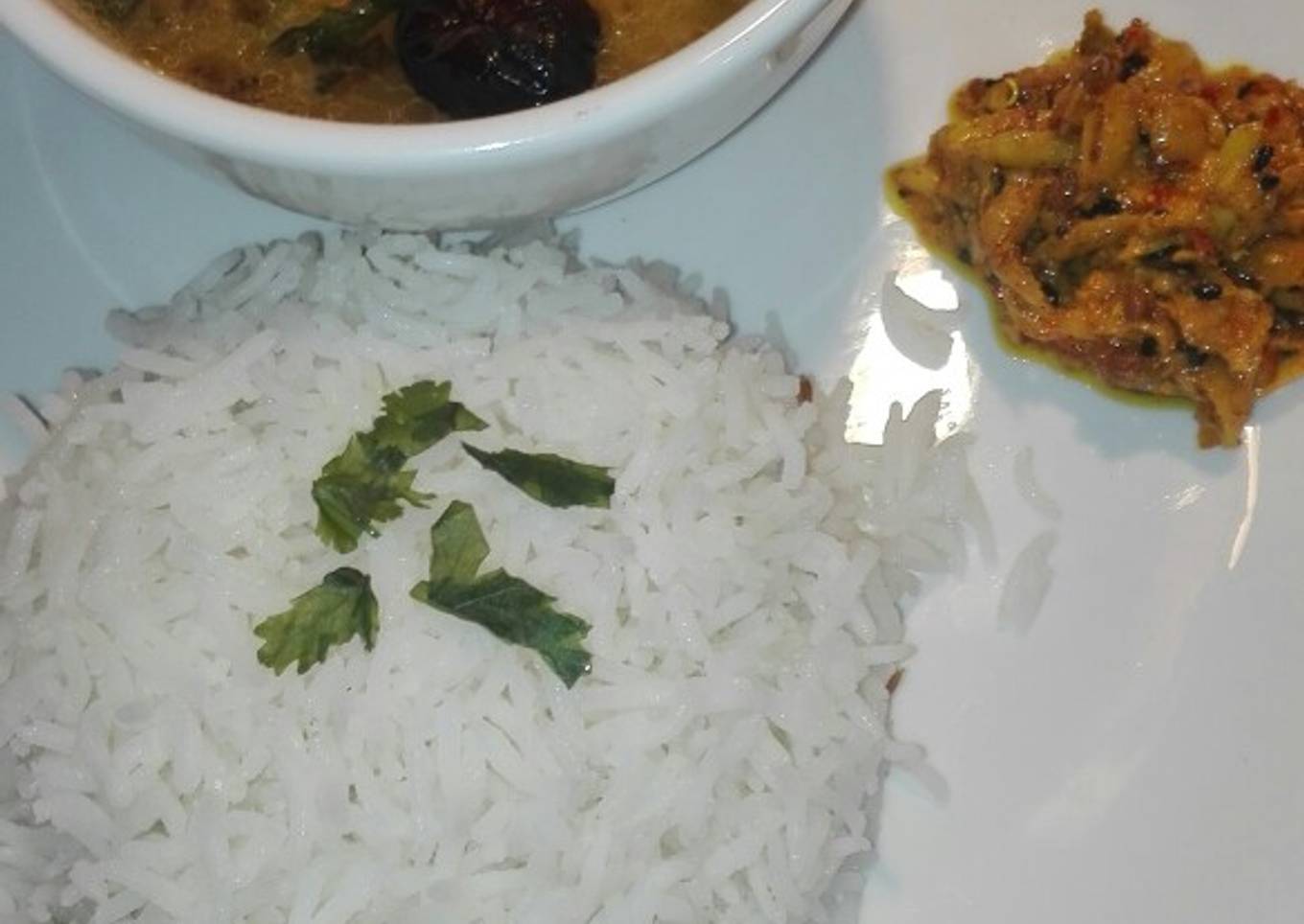 Moong Masoor Daal With White Rice and Mango Grated Achar