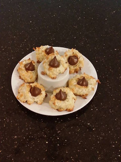 A picture of Coconut Macaroon s with a Chocolate Center.