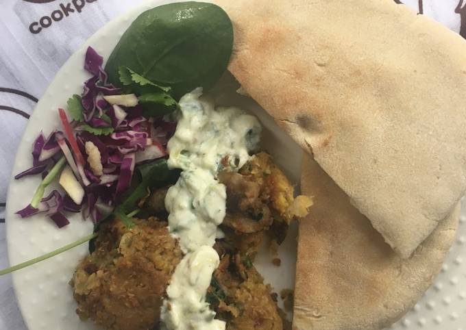 Chickpea falafel with toasted pita breads and tzatziki