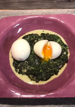 A picture of Florentine Spinach with Soft-Boiled Eggs.