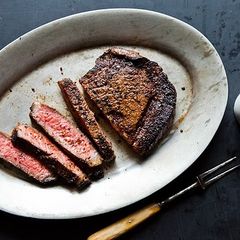 A picture of Cowboy Rubbed Rib Eye with Chocolate Stout Pan Sauce.