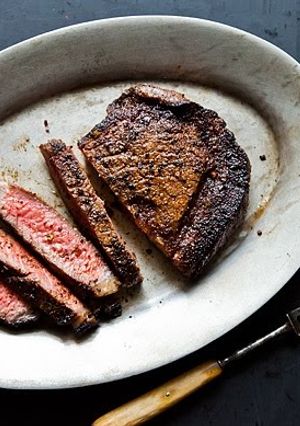 A picture of Cowboy Rubbed Rib Eye with Chocolate Stout Pan Sauce.