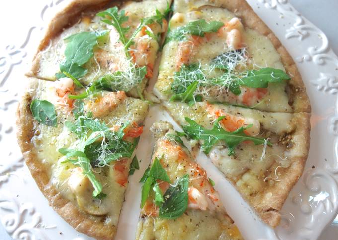 青醬鮮蝦野菇薄脆披薩pizza平底鍋版 食譜成品照片