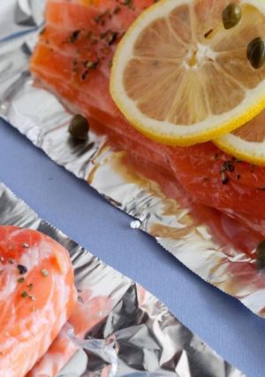 A picture of Salmon with Lemon, Capers, and Rosemary.