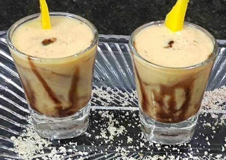 Mango milkshake shots with chocolate syrup