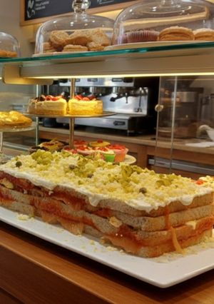 Una foto de Pastel Frío de Salmón, Pimientos de Piquillo y Huevo Mimosa