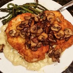 A picture of Brads Chicken cutlets & gnocchi w/ mushroom tarragon cream sauce.