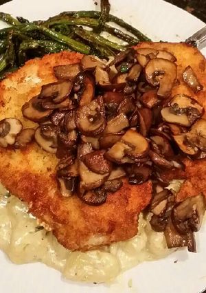 A picture of Brads Chicken cutlets & gnocchi w/ mushroom tarragon cream sauce.