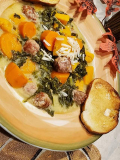 A picture of Autumn Sweet Potato Chowder with Kale and Sausage.