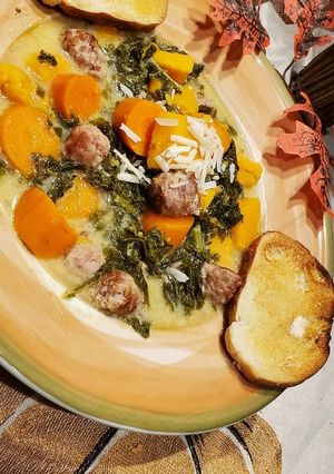 A picture of Autumn Sweet Potato Chowder with Kale and Sausage.